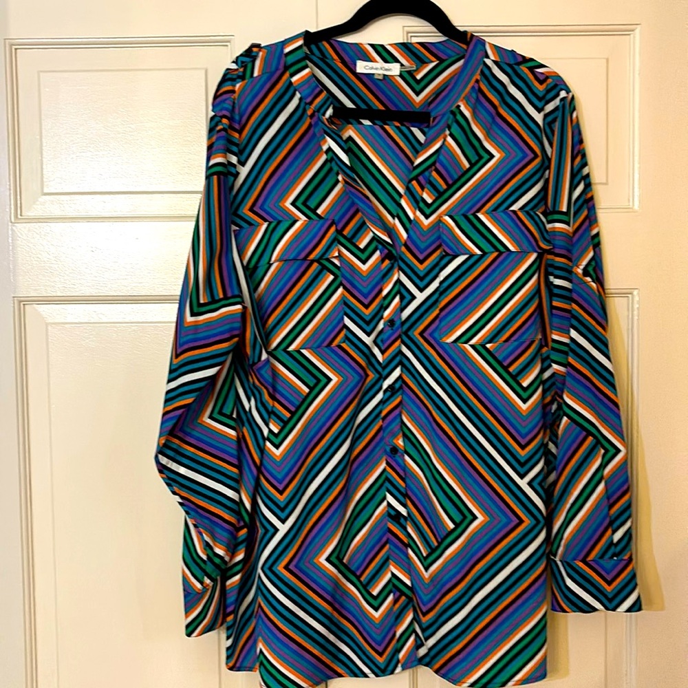Calvin Klein, 1X, orange, teal, white, black & purple blouse